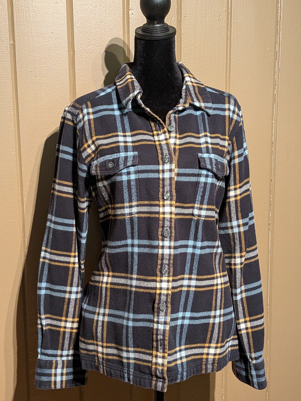 Patagonia Organic Cotton Plaid Shirt - Black with Blue & Yellow Stripes